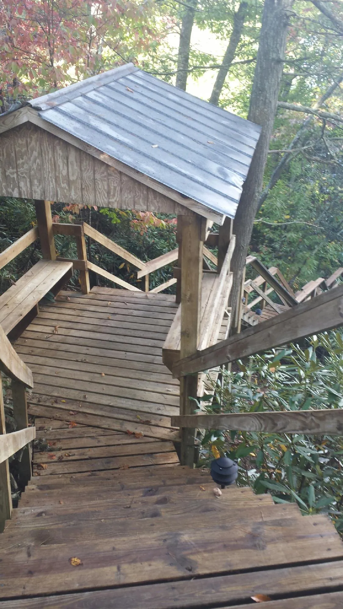 Metal roofed shelter over wooden steps on a wooded walkway — Skylight Repair & Installation work by our crew in Waleska